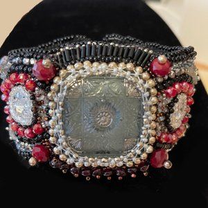 Handmade bead embroidery bracelet cuff with garnets, silver, crystals seed beads